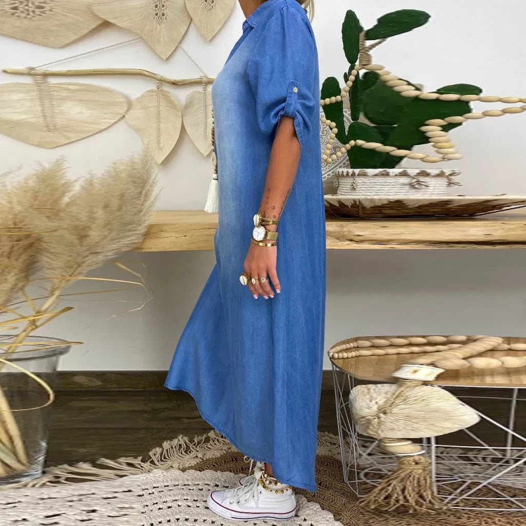 Lea - Robe Longue Décontractée en Denim